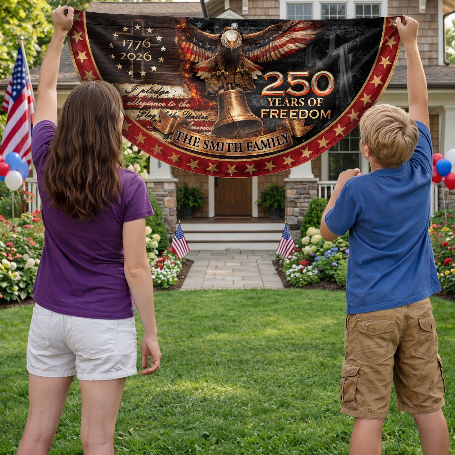 250 Anniversary USA Flag Fence Flag Custom Family Name Christian 250 Years Freedom Flag Design - Rust Field Wear