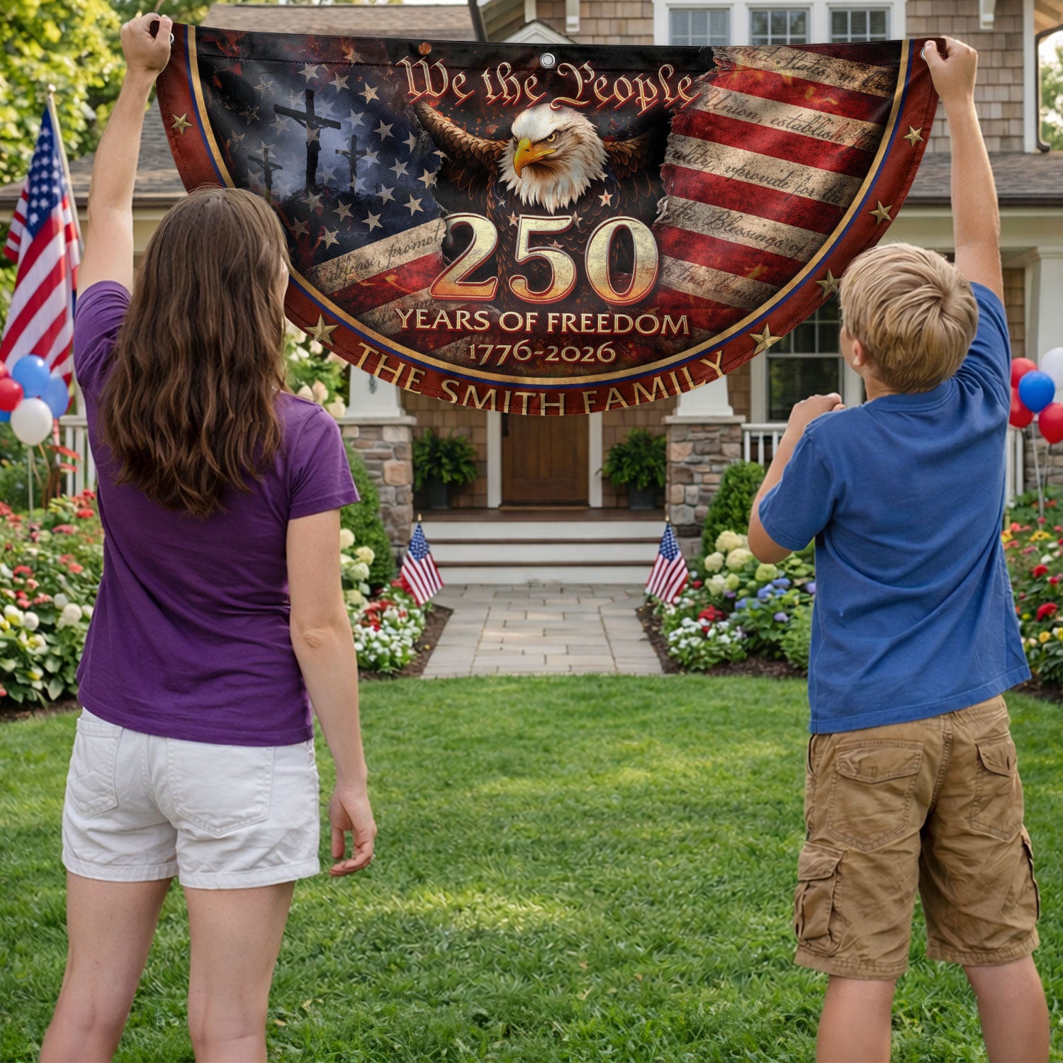 250 Christ Years of Freedom Flag Fence Flag Custom Family Name 250 Years Christian Flag American Flag with Cross Design - Rust Field Wear