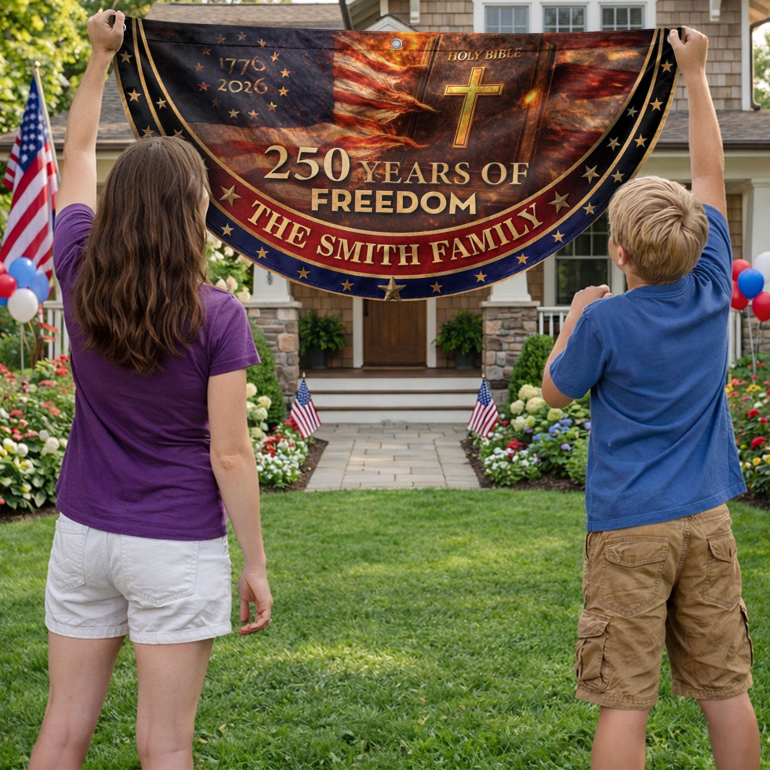 250 Christ Years Freedom Flag Fence Flag Custom Family Name 250 Years Christian Flag American Flag with Cross 250th Anniversary Design - Rust Field Wear