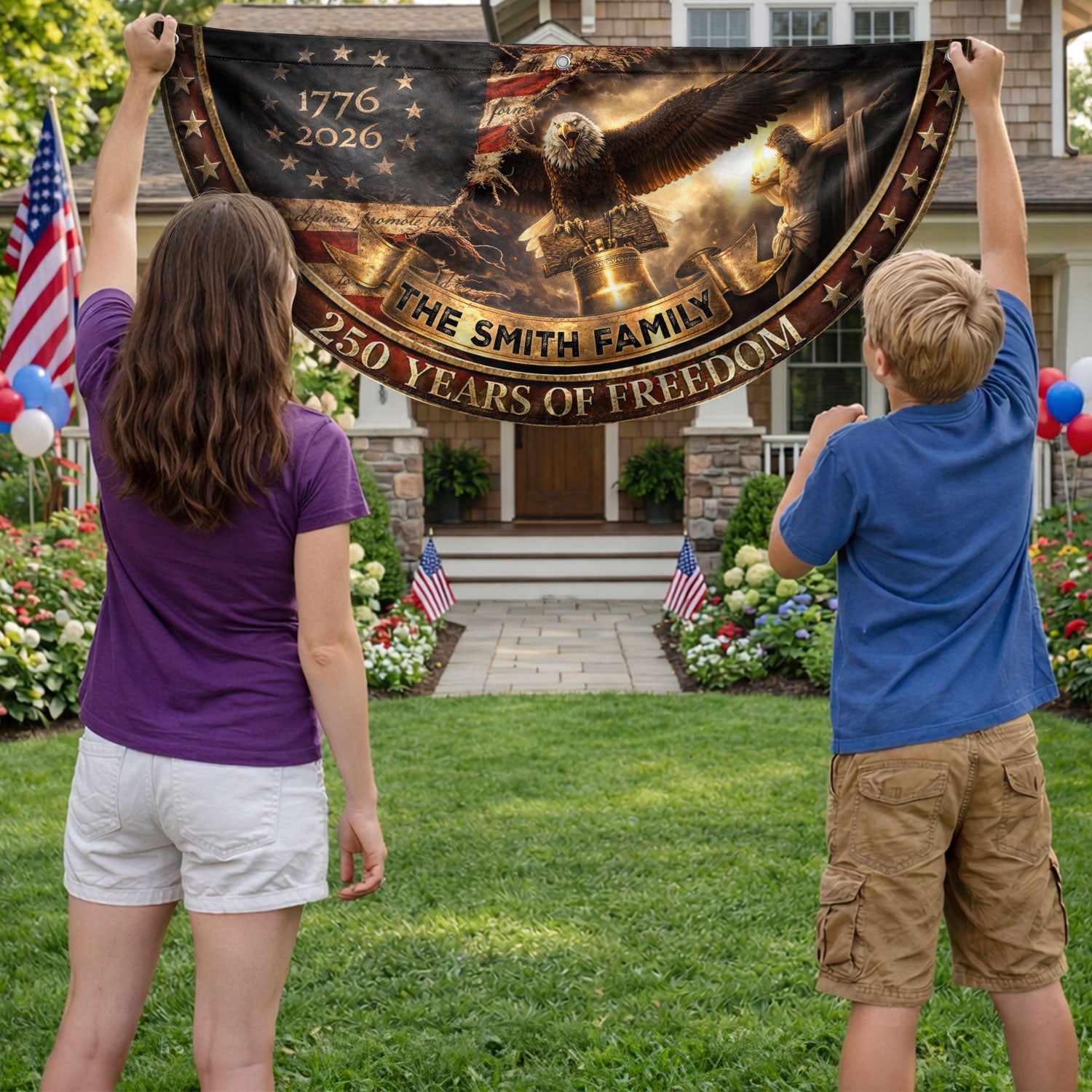 250 Years of Freedom Flag Fence Flag Custom Family Name American Flag with Cross Christian 250th Anniversary Patriotic Banner Gift - Rust Field Wear