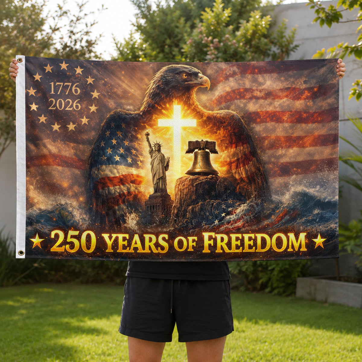Christian Cross Eagle 250th Anniversary USA House Flag, 250 Years Freedom 1776–2026 - Rust Field Wear