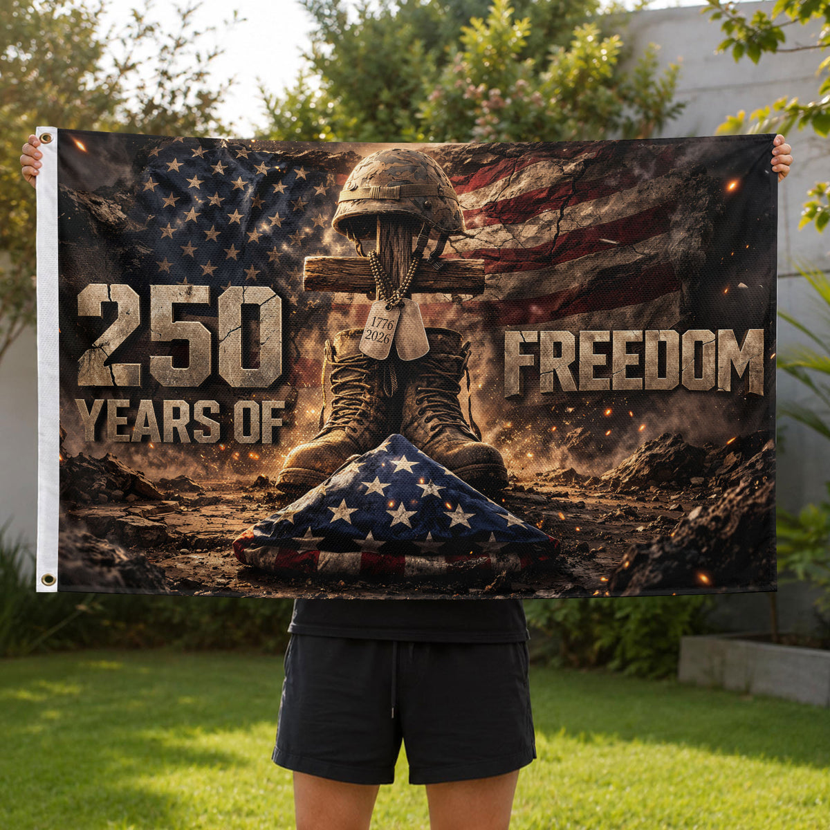 1776–2026 Christian Cross USA 250 Year Anniversary House Flag, 250 Years Freedom 1776–2026 - Rust Field Wear