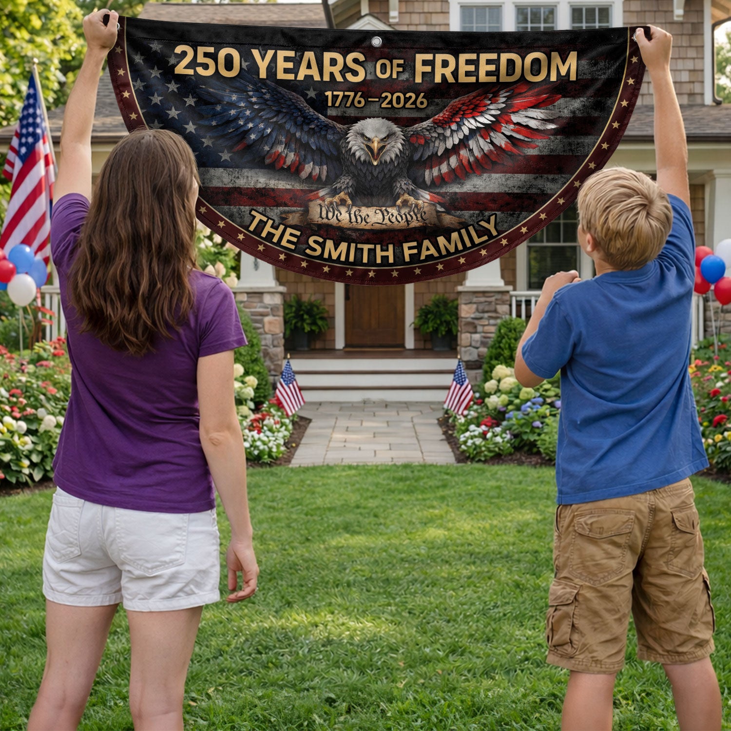American Bald Eagle Fence Flag Custom Family Name 250 Years Freedom 1776-2026 Patriotic Yard Decor - Rust Field Wear