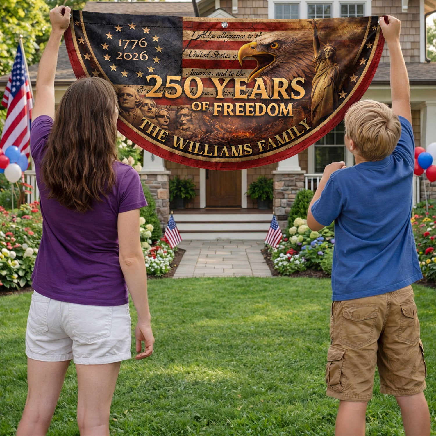 Mount Rushmore Eagle Fence Flag Custom Family Name 250 Years Freedom 1776-2026 Patriotic Yard Decor - Rust Field Wear