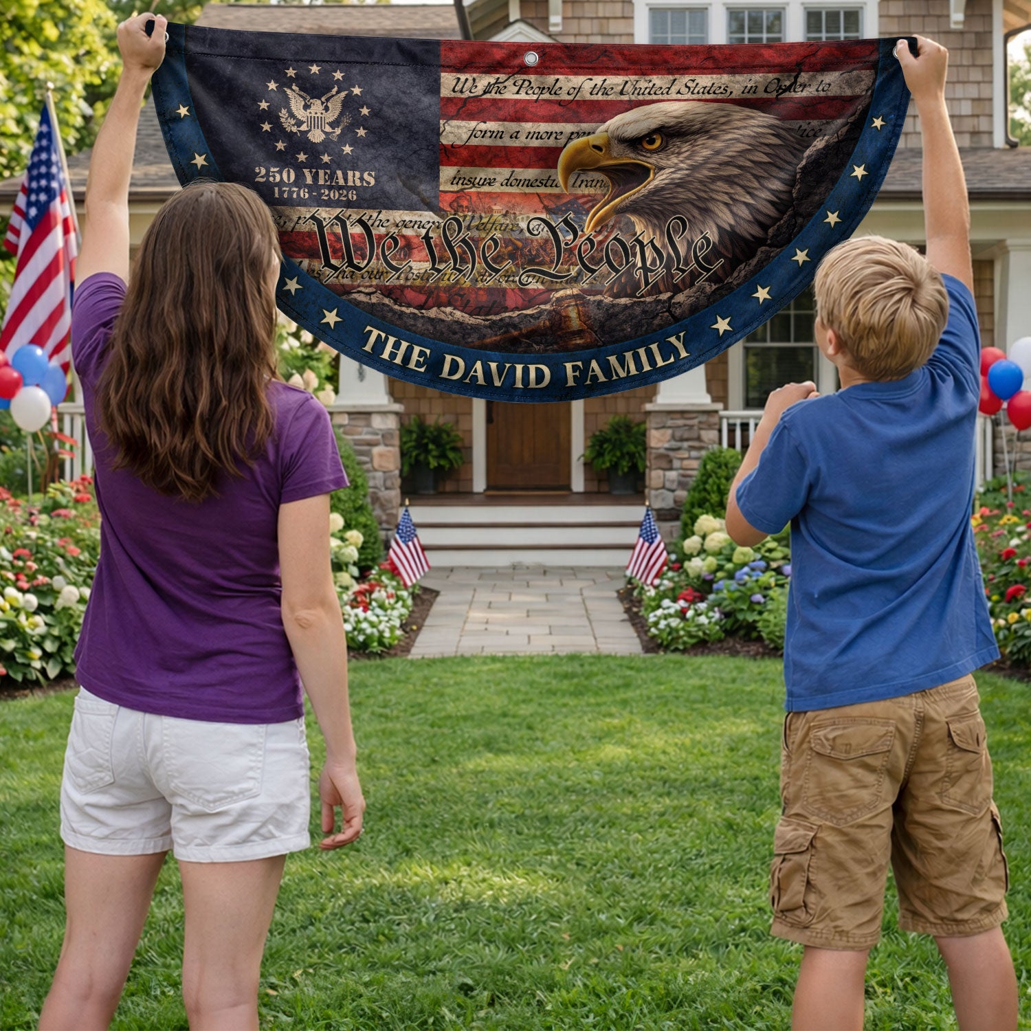 We The People Eagle Head Fence Flag Custom Family Name 250 Years Freedom 1776-2026 Patriotic Yard Decor - Rust Field Wear