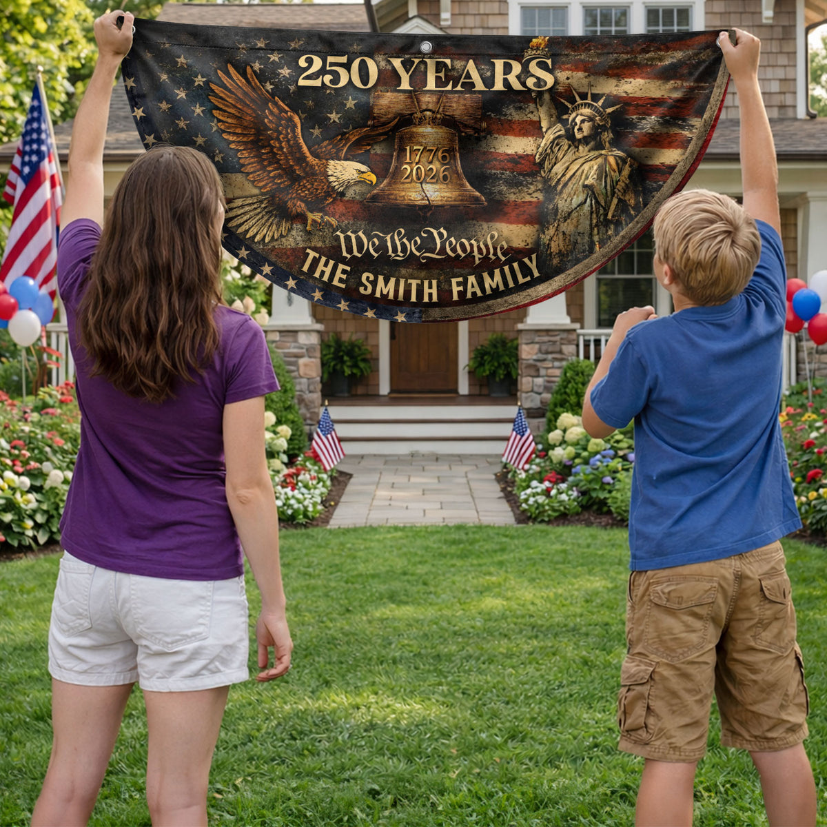 Liberty Bell Eagle Fence Flag Custom Family Name 250 Years Freedom 1776-2026 Patriotic Yard Decor - Rust Field Wear