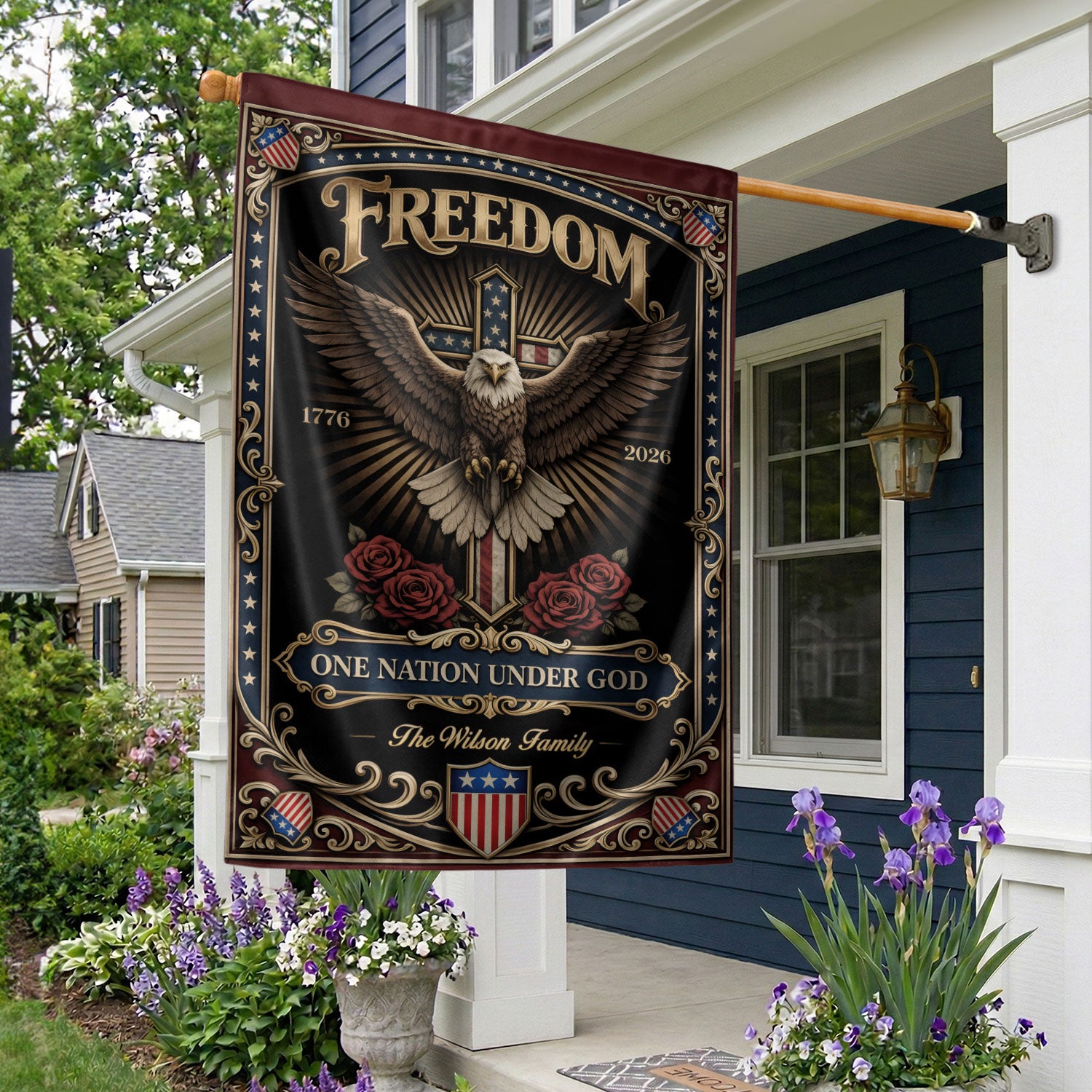 Custom Family Name Garden Flag 250 Years Patriotic Eagle Cross 1776–2026 Freedom Banner