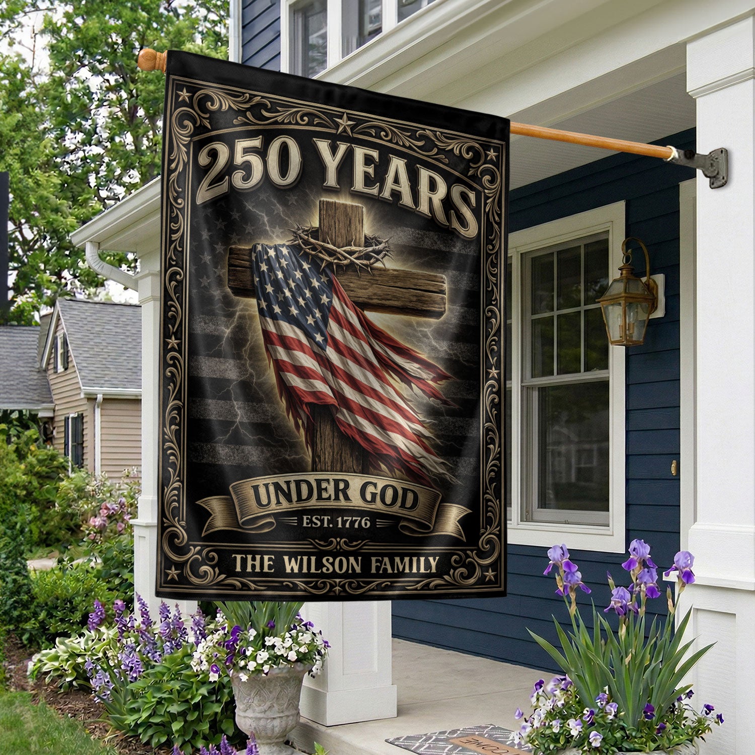 Personalized Family Name Garden Flag 250 Years Under God Cross Patriotic Outdoor Decor