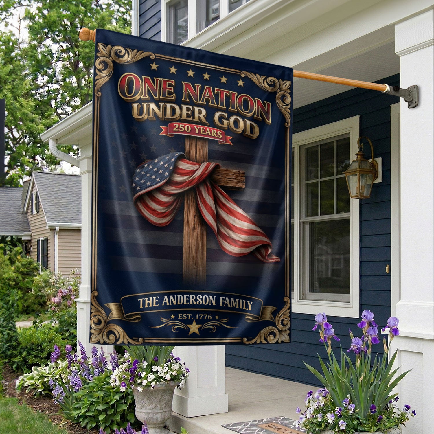 Custom Family Name Garden Flag One Nation Under God 250 Years Patriotic Cross Decor