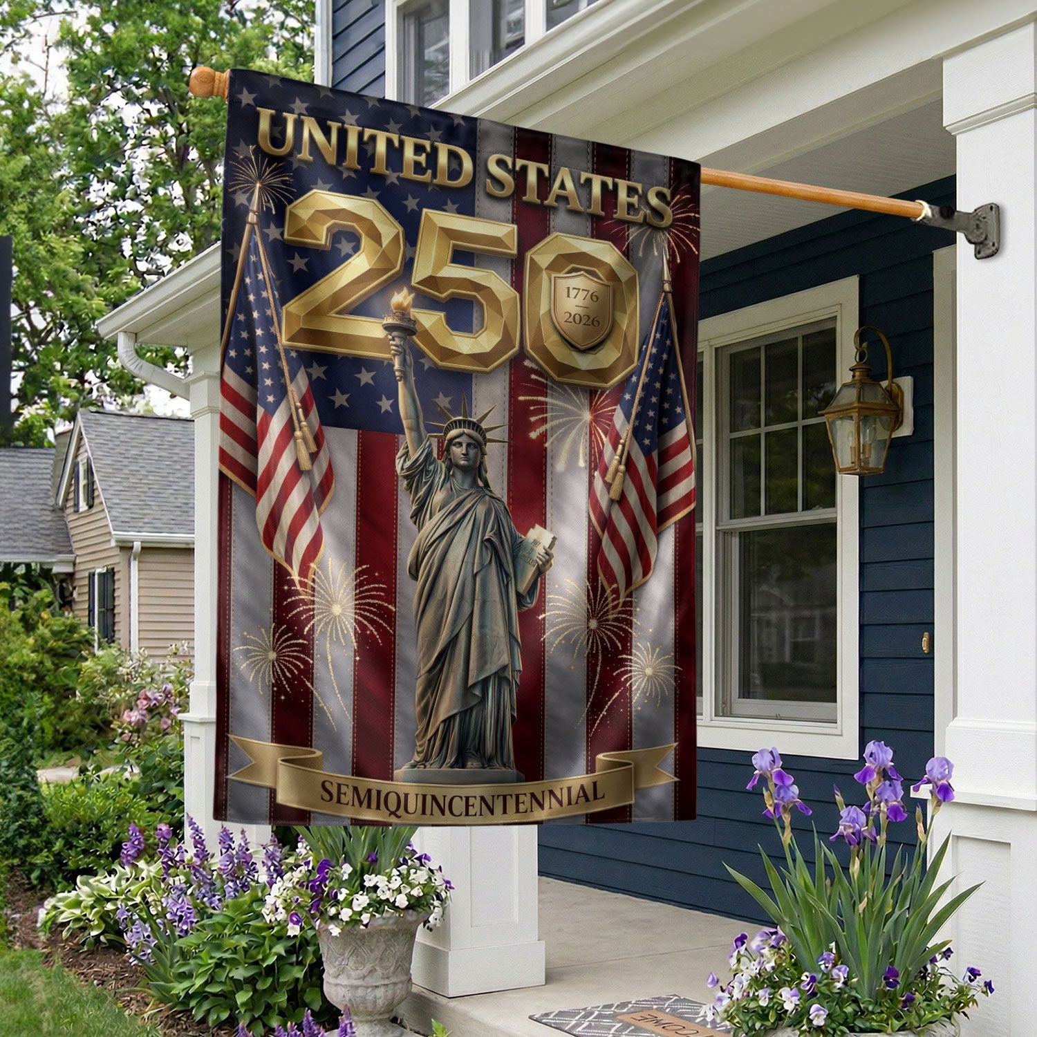 250 Years Garden Flag USA Patriotic Decor Statue of Liberty Fireworks 1776-2026