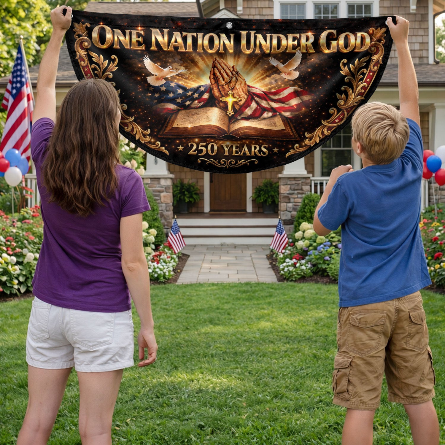 250 Years United States Fence Flag One Nation Under God 1776-2026 Patriotic Bible Banner