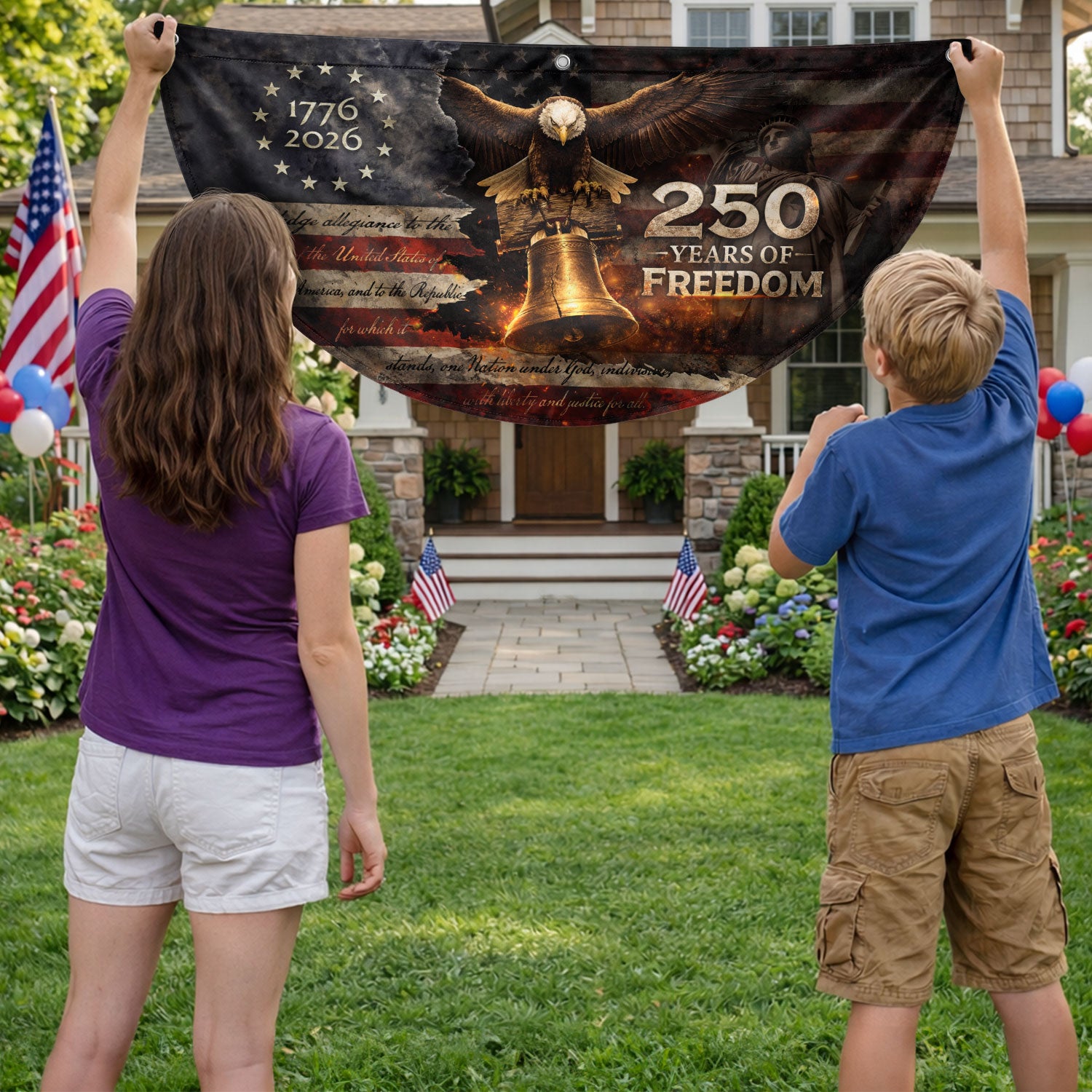 American 250 Year Fence Flag 1776 to 2026 Freedom Eagle Bell Patriotic Outdoor Decor - Rust Field Wear