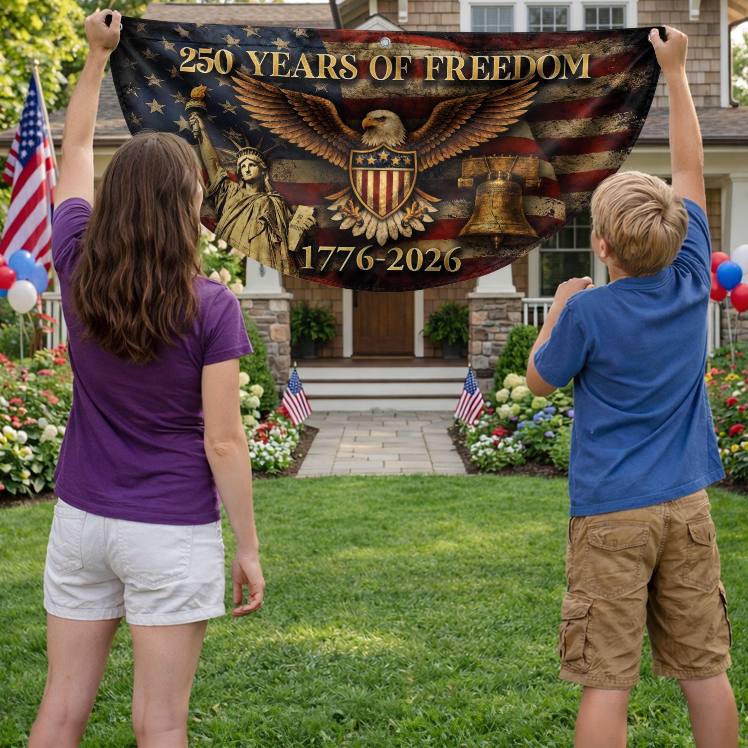 250 Years of Freedom Fence Flag 1776-2026 Patriotic Eagle Liberty Bell Flag Decor - Rust Field Wear