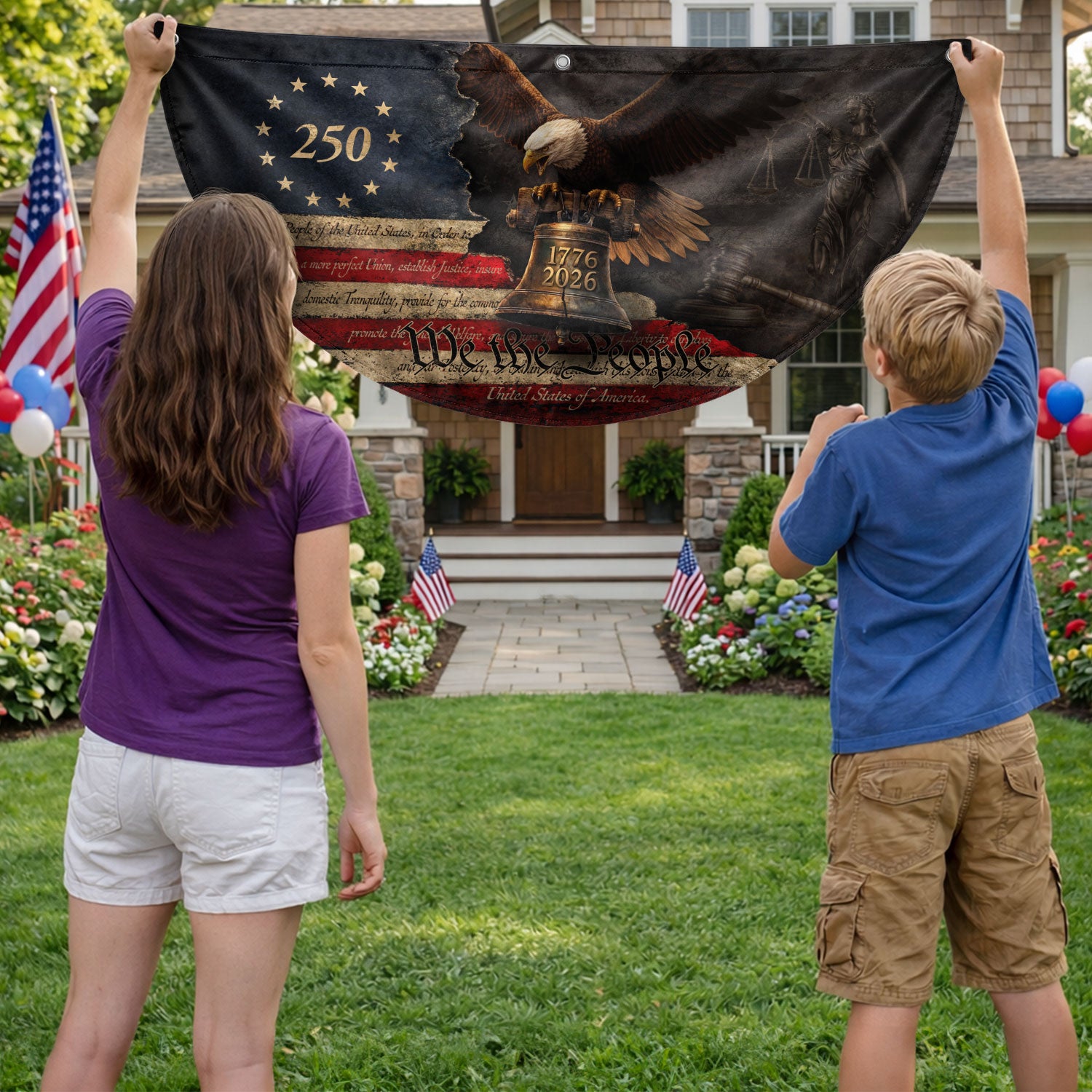 250 Years Liberty Bell Fence Flag Patriotic Bald Eagle - We The People Outdoor Banner - Rust Field Wear