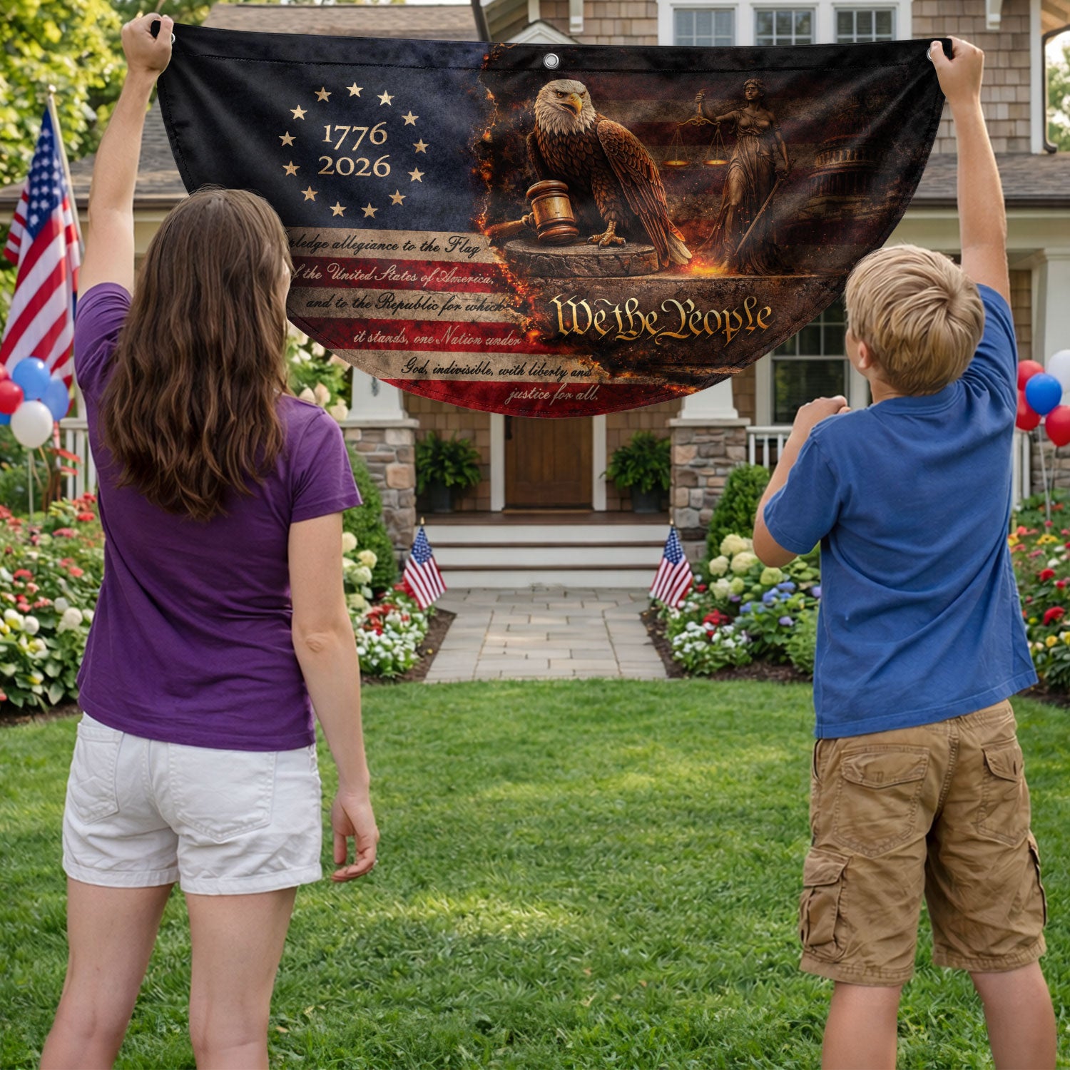 Pledge of Allegiance Fence Flag 1776-2026 Patriotic Eagle - We The People Outdoor Decor - Rust Field Wear
