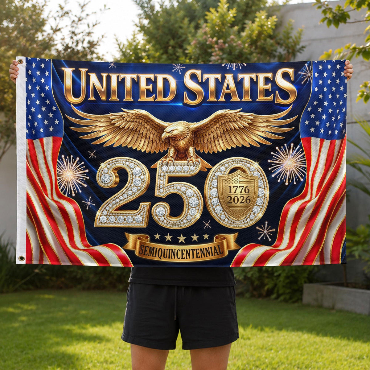 American Flag Stripes Gold Eagle Luxury Patriotic Banner US 1776 2026 Anniversary 3x5ft - Rust Field Wear