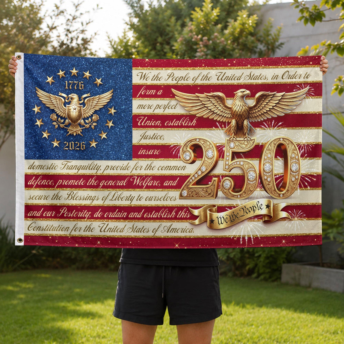 Constitution Preamble Gold Eagle Patriotic American Banner Flag US 1776 2026 Party 3x5ft - Rust Field Wear