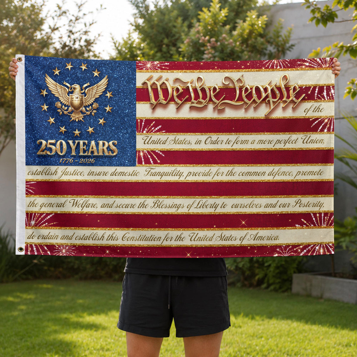 250 Years United States Flag - We The People Patriotic Home Banner 1776-2026 - Rust Field Wear