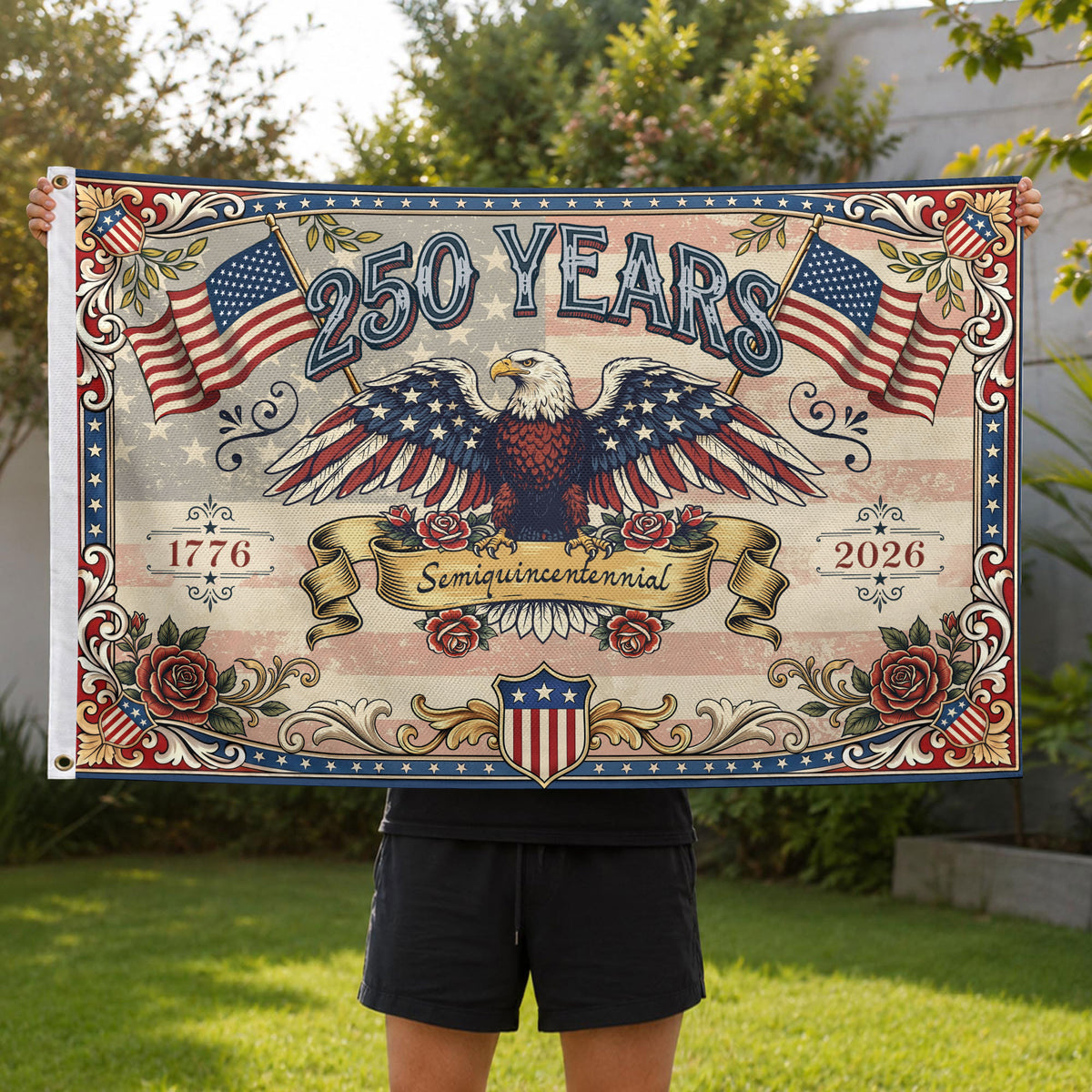 USA 250 Years Commemorative Flag - Vintage Eagle and Roses Patriotic Outdoor Banner - Rust Field Wear