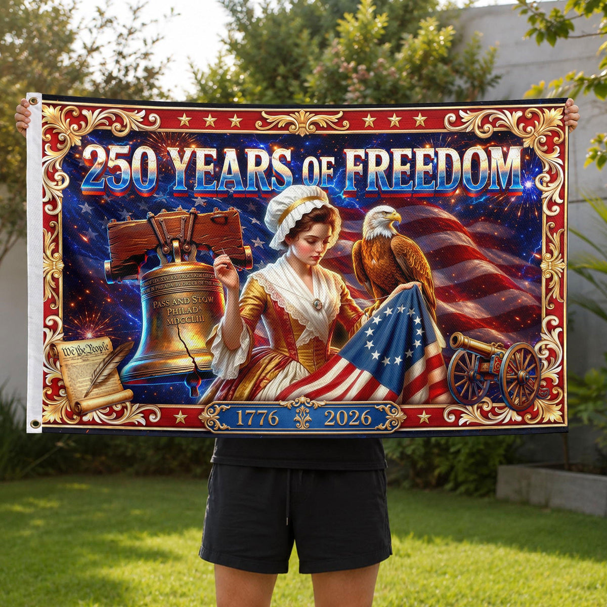USA 250 Years of Freedom Flag - Betsy Ross & Liberty Bell Patriotic Banner 1776-2026 - Rust Field Wear