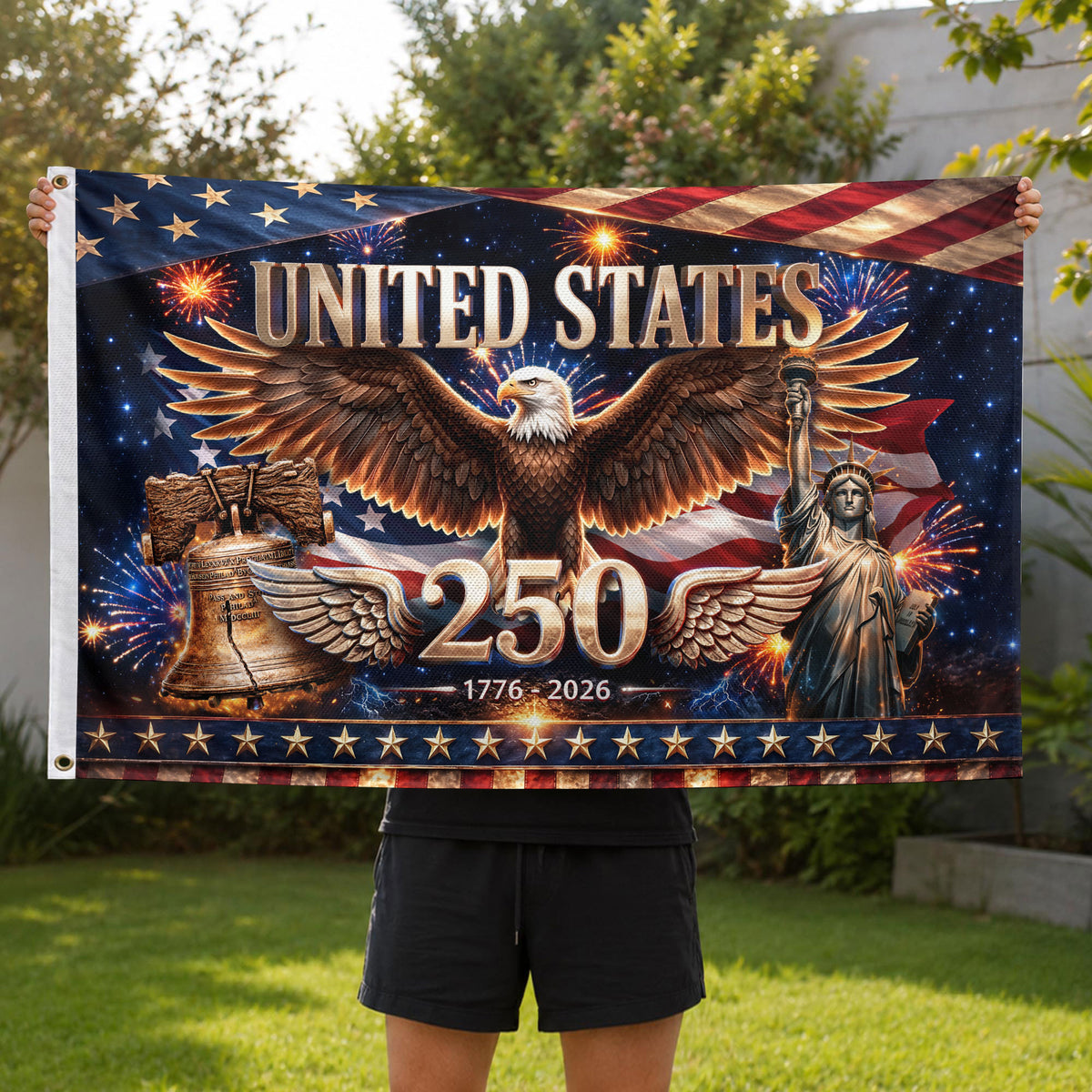 United States 250 Years Flag - Iconic Liberty Bell & Statue of Liberty Patriotic Banner - Rust Field Wear