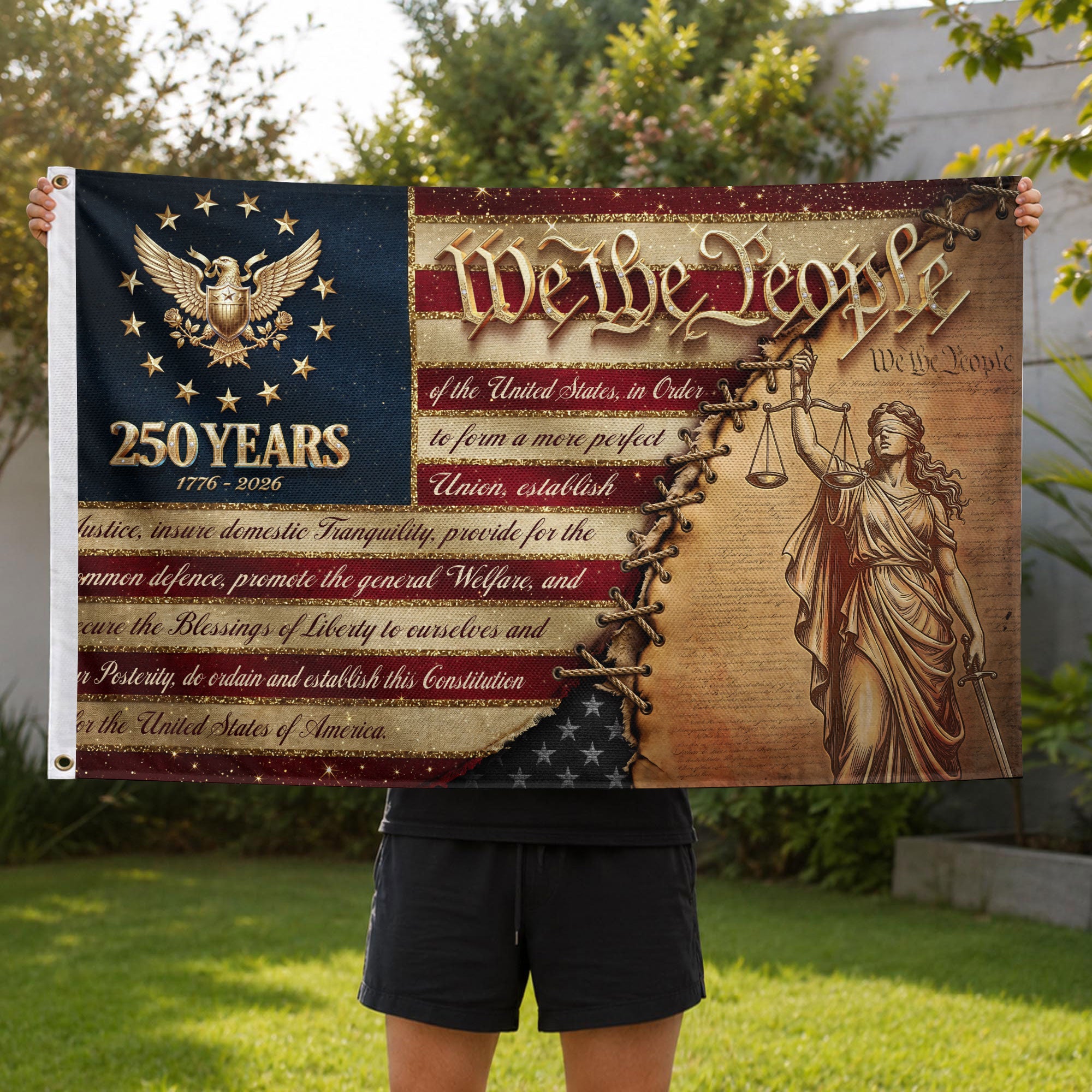 250 Years 1776-2026 Flag We The People Preamble Constitution Lady Justice Patriotic Banner - Rust Field Wear