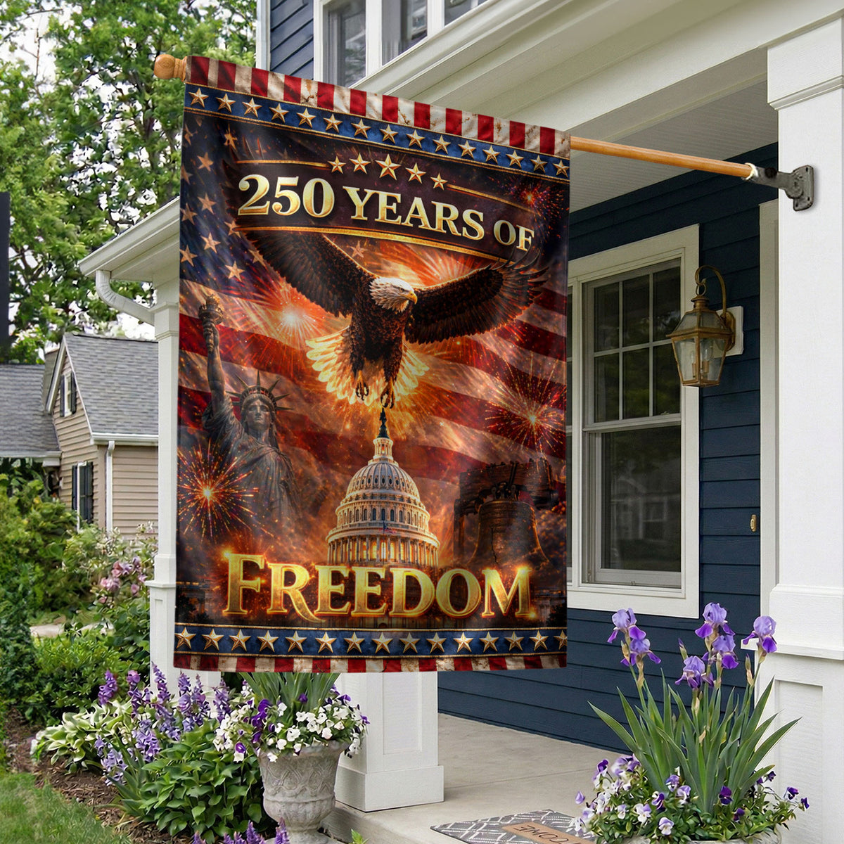 250 Years of Freedom House Flag 1776-2026 Patriotic Eagle Capitol Liberty Bell - Rust Field Wear