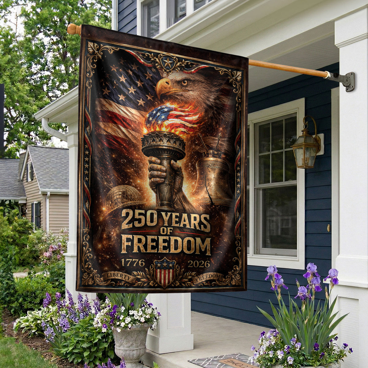 250 Years of Freedom Garden Flag - USA Torch & Eagle Patriotic Outdoor Decor 1776-2026 - Rust Field Wear