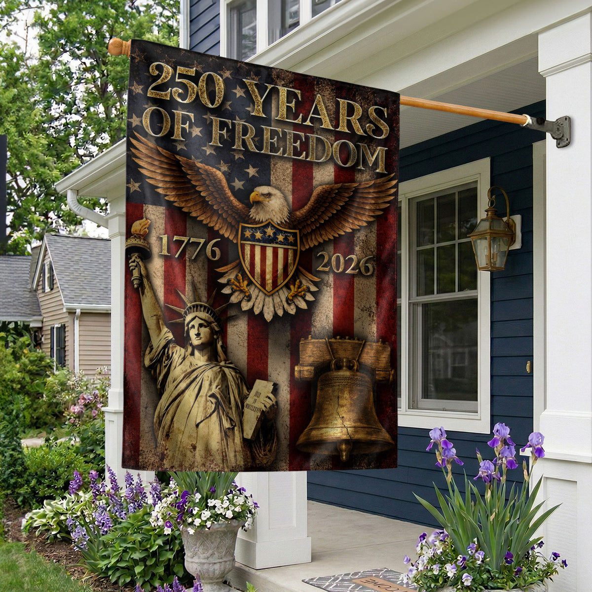 USA 250 Years of Freedom House Flag - Statue of Liberty & Liberty Bell Patriotic Banner - Rust Field Wear