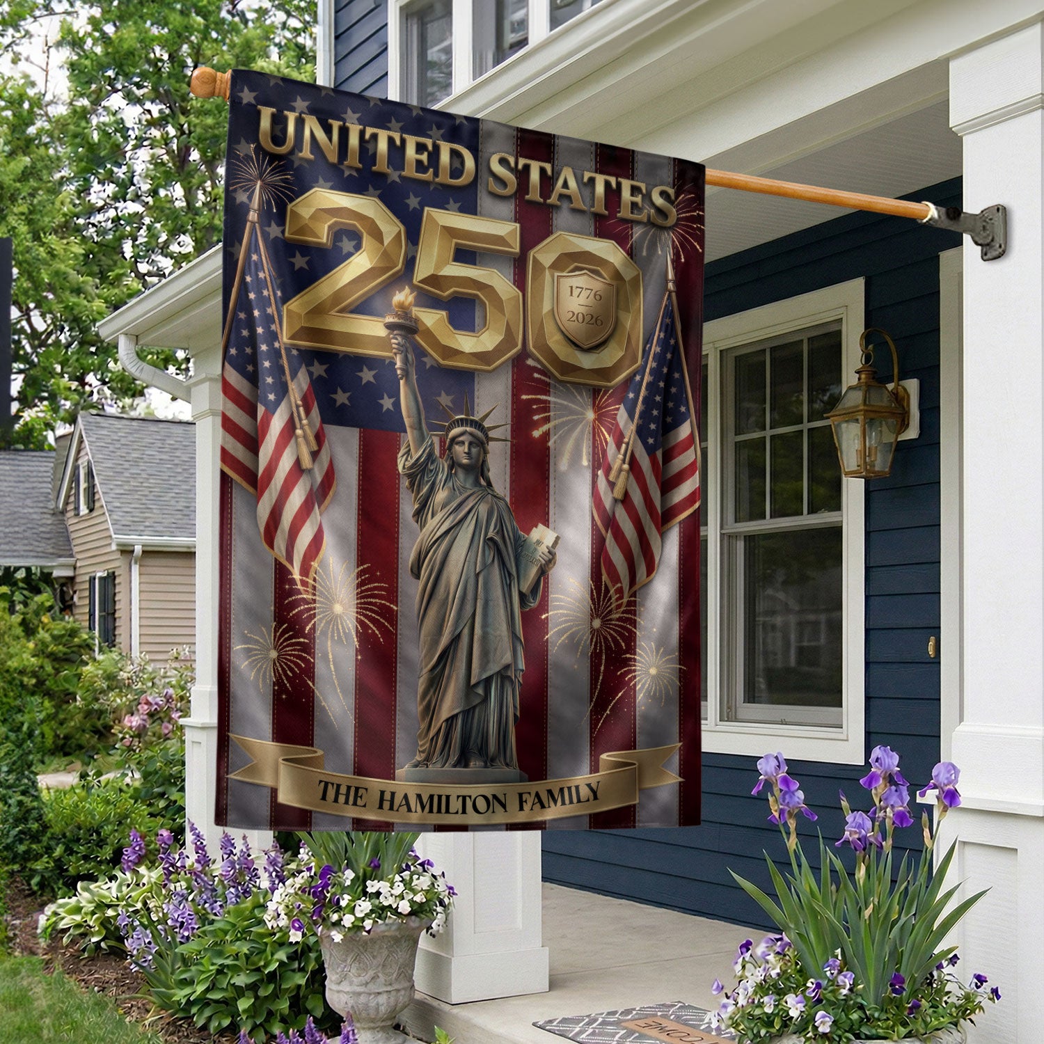 Custom Family Name United States 250 Years Statue of Liberty Patriot Garden Flag Banner