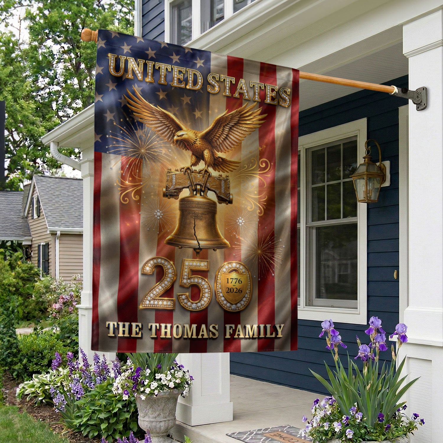 Custom Family Name United States 250 Years Liberty Bell Patriot Eagle Garden Flag
