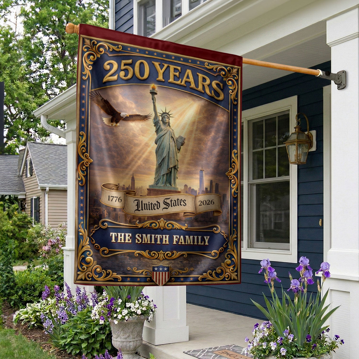 Custom Family Name 250 Years United States Statue of Liberty Patriot Garden Flag