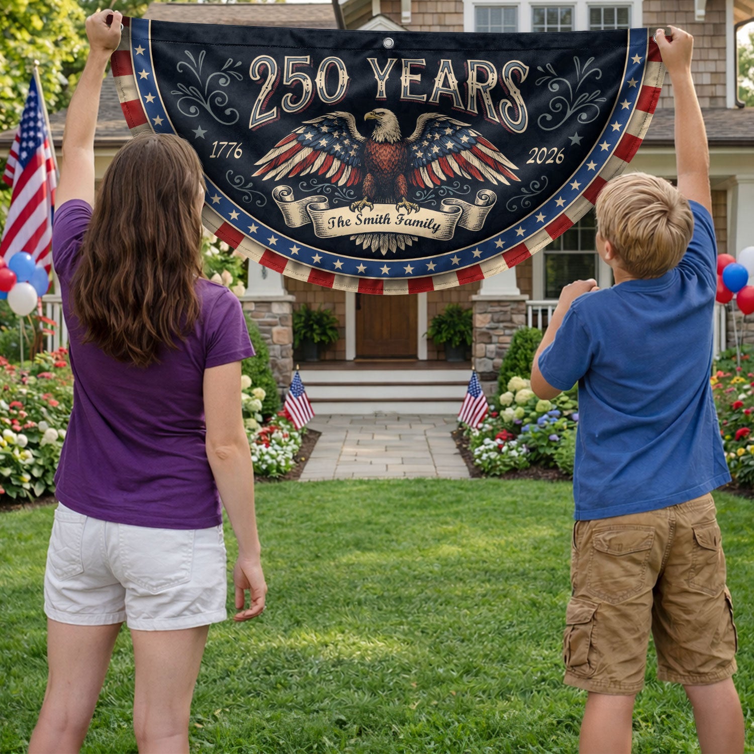 250 Years 1776-2026 Patriotic Fence Flag - Custom Family Name Eagle Outdoor Banner