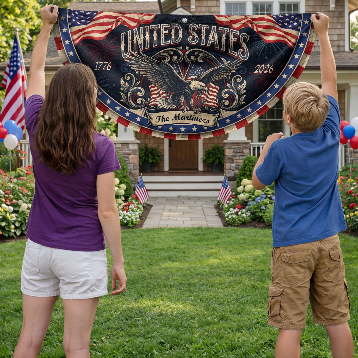Custom Family Name United States 1776-2026 Patriot Eagle Bunting Fence Flag Banner