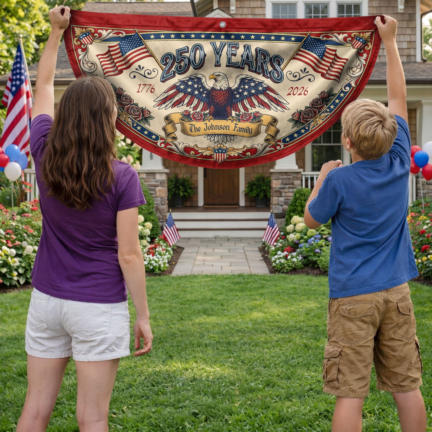 250 Years 1776-2026 American Anniversary Fence Flag - Custom Family Name Patriot Bunting
