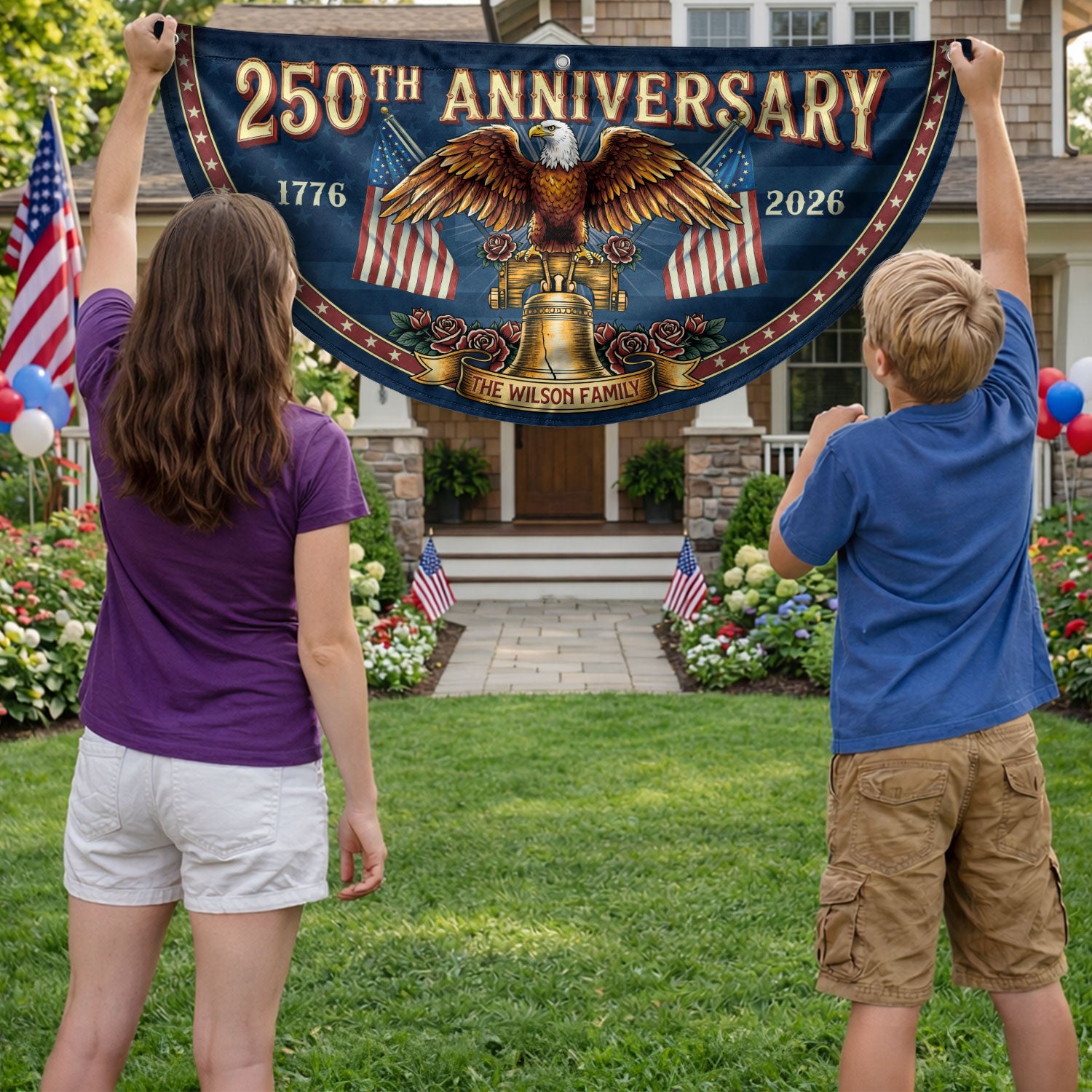 250th Anniversary 1776-2026 Liberty Bell Custom Family Name Patriot Fence Flag Banner