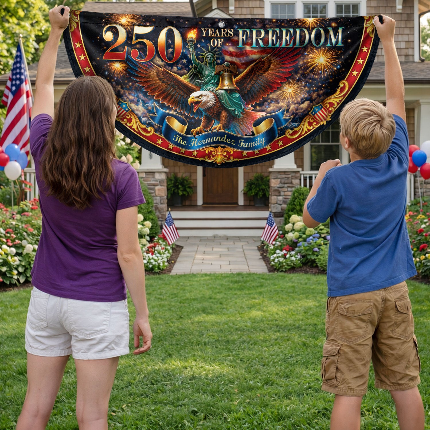 250 Years of Freedom Custom Family Name Patriot Fence Flag - Outdoor Bunting Banner