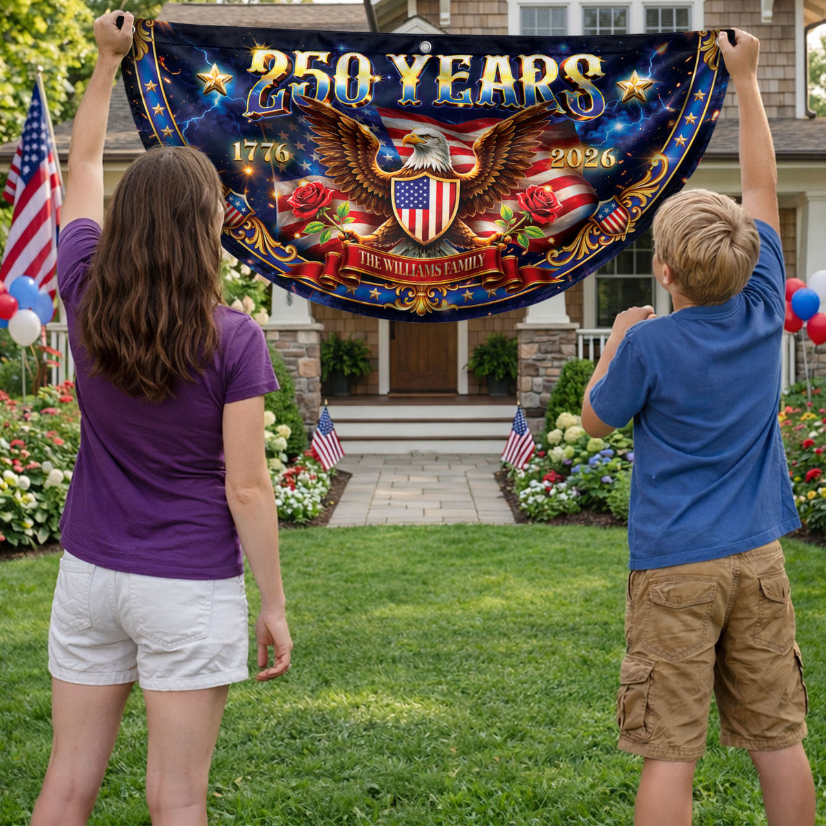 250 Years 1776-2026 Custom Family Name Patriot Eagle Shield Fence Flag Bunting Banner - Rust Field Wear