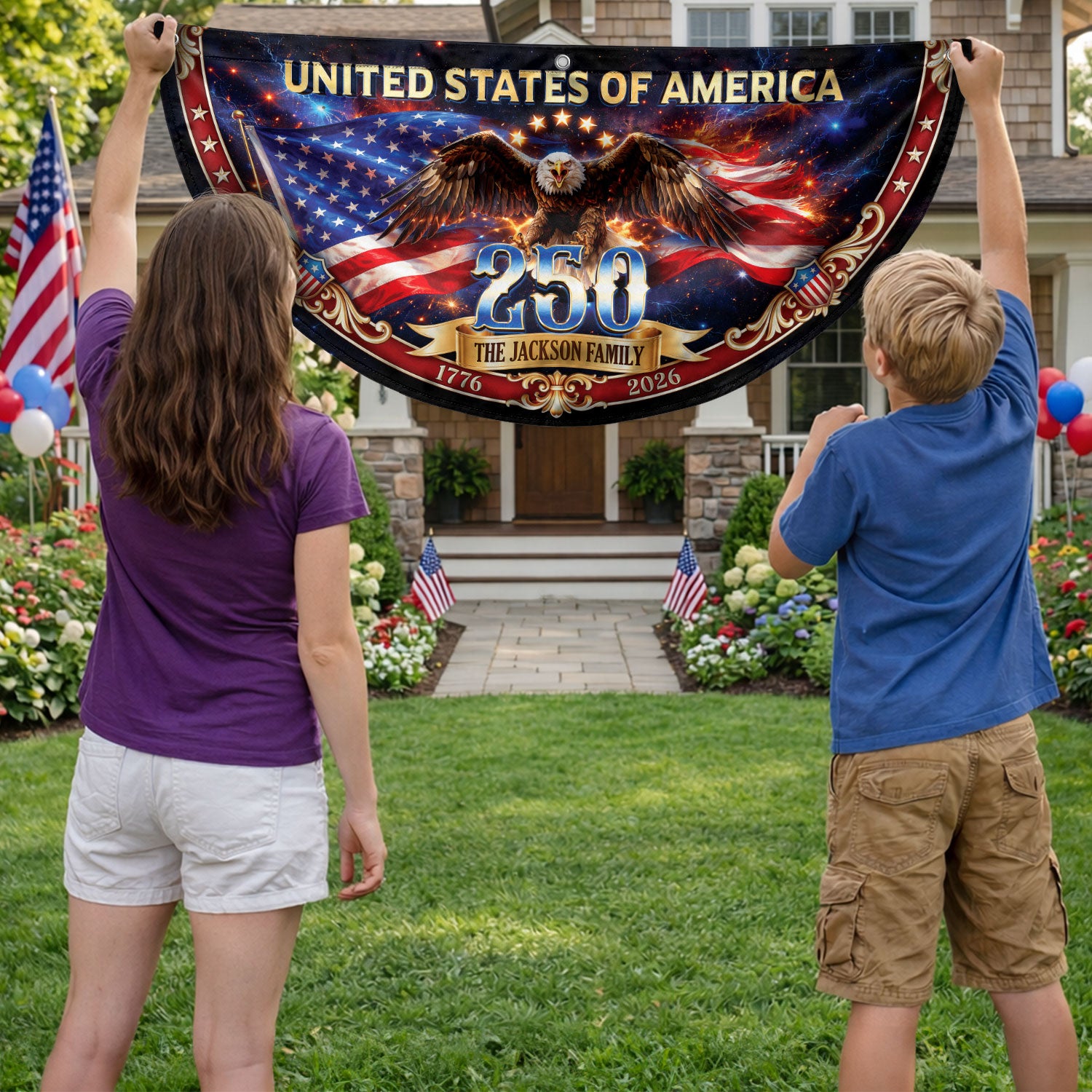 United States 250 Years Custom Family Name Fence Flag - 1776-2026 Patriot Bunting Decor