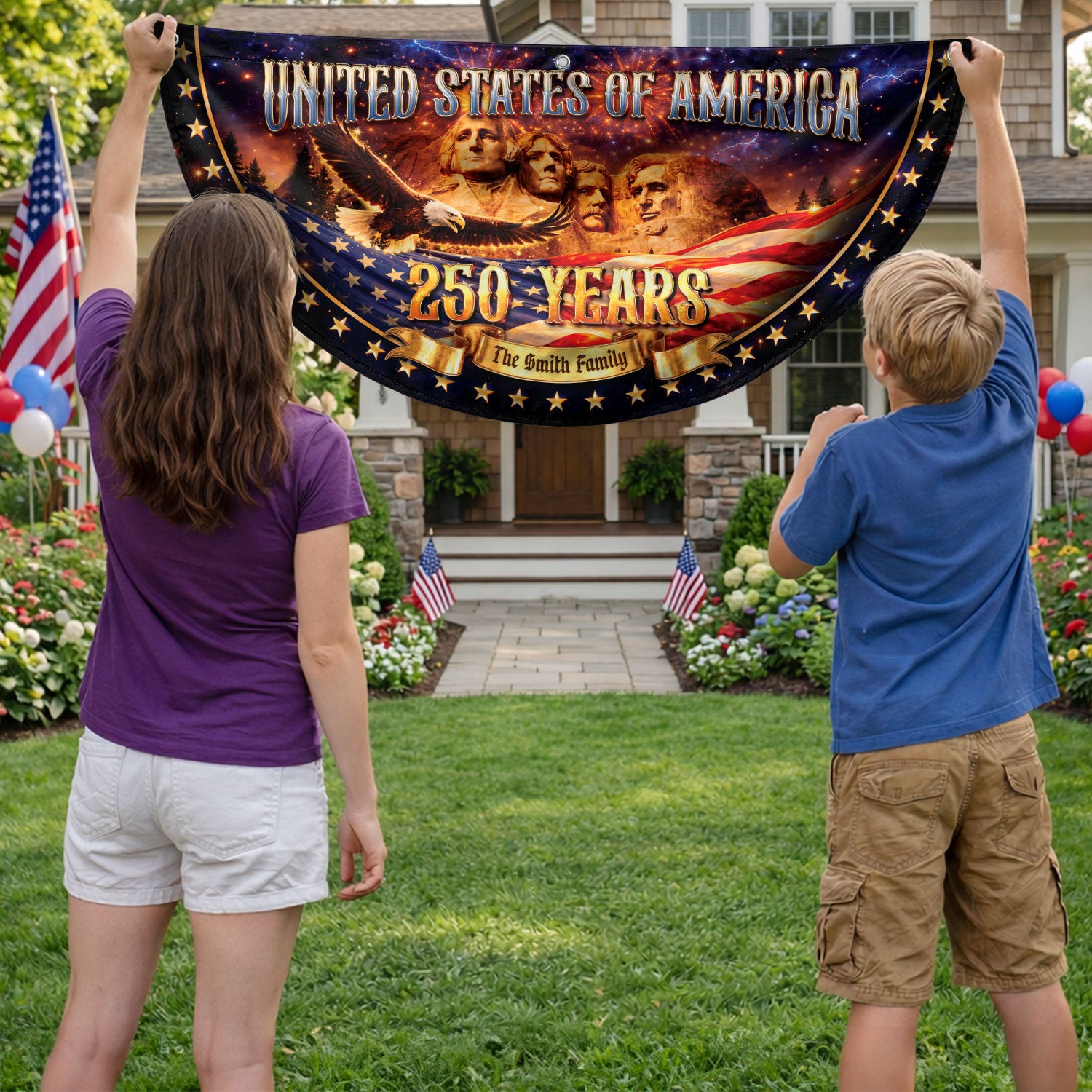 Custom Family Name United States 250 Years Mount Rushmore Patriot Bunting Fence Flag