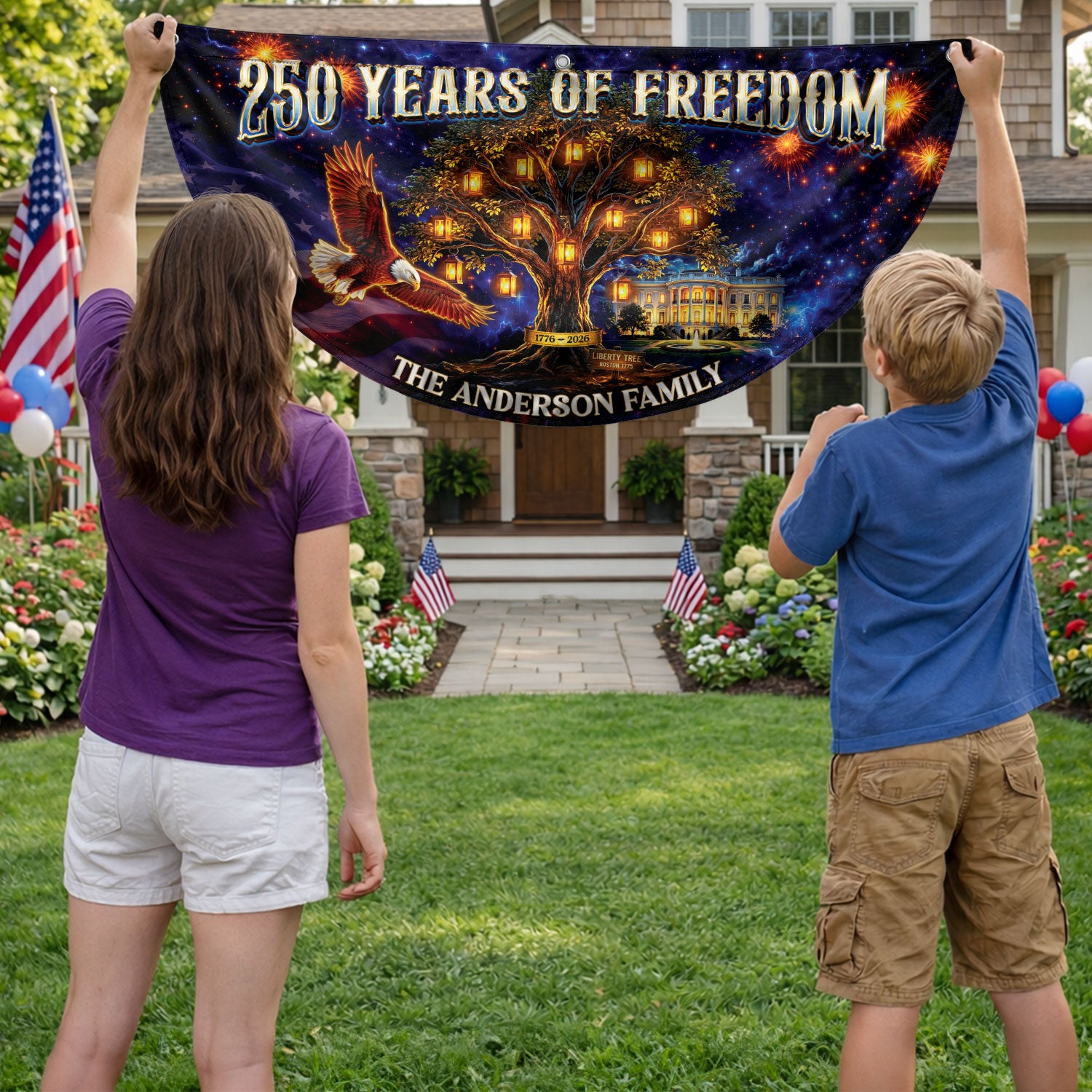 Custom Family Name 250 Years of Freedom Liberty Tree 1776-2026 Patriot Fence Flag Banner