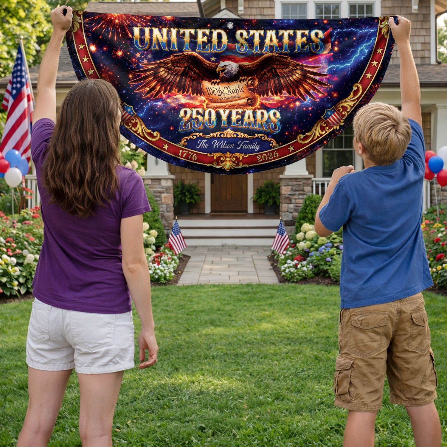 Custom Family Name 250 Years United States Patriot Eagle 1776-2026 Fence Flag Banner