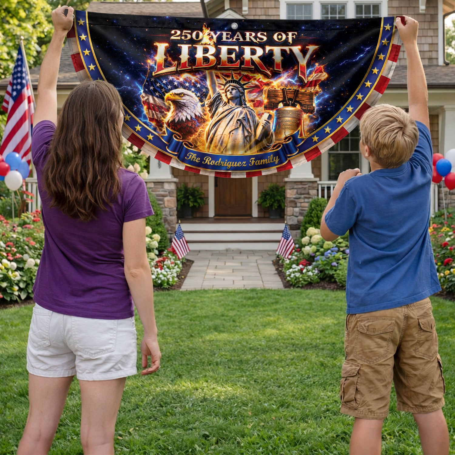 United States 250 Years Custom Family Name Fence Flag - 1776-2026 Patriot Liberty Decor