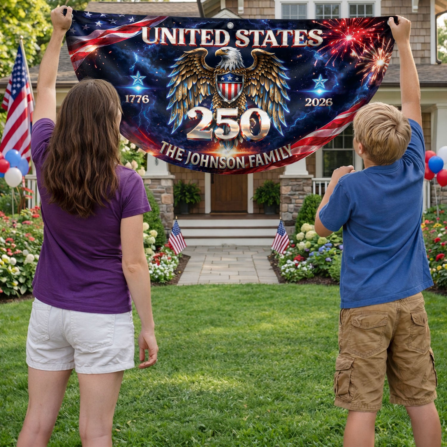 Custom Family Name United States 250 Years Patriot Eagle 1776-2026 Bunting Fence Flag - Rust Field Wear