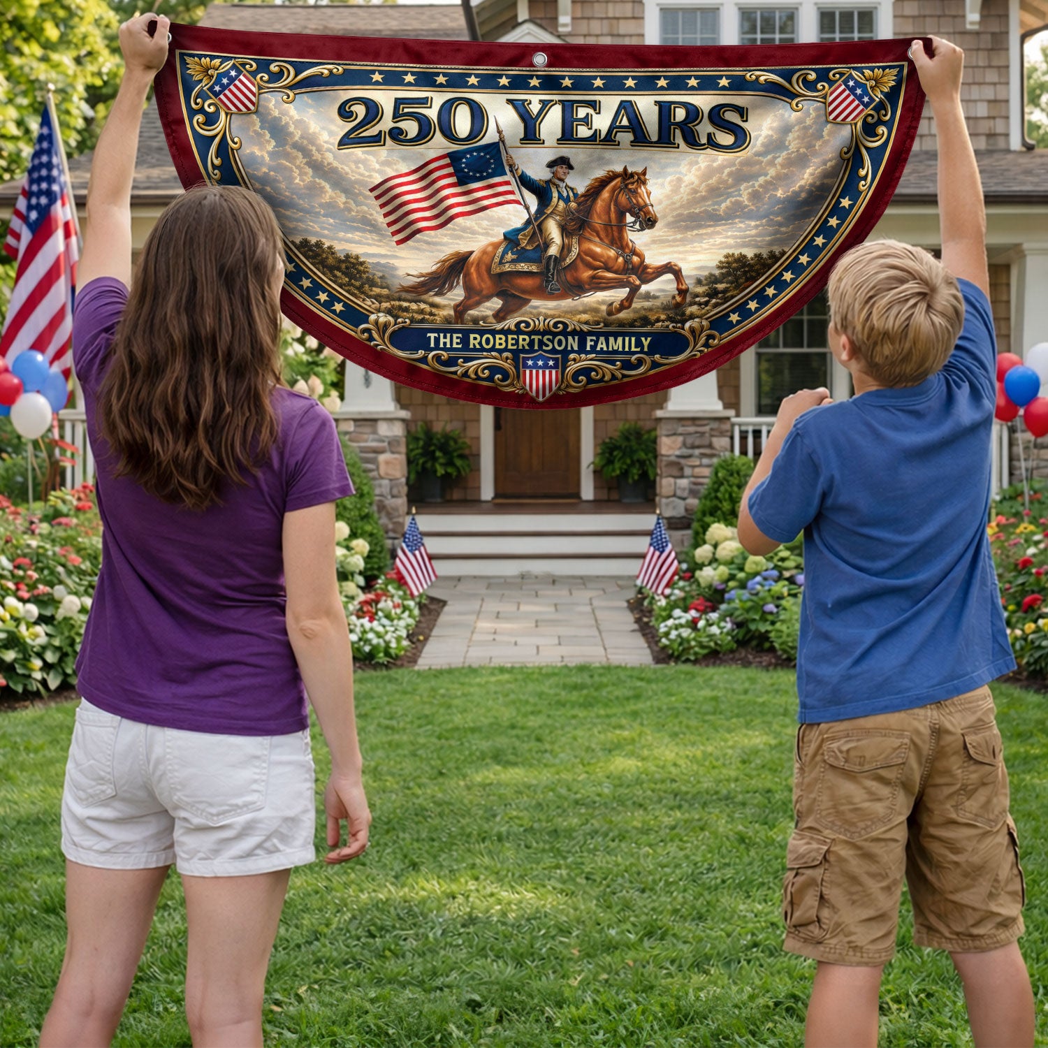 Custom Family Name 250 Years United States George Washington Patriot Bunting Fence Flag - Rust Field Wear