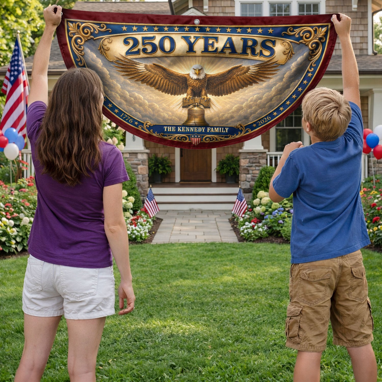 Custom Family Name 250 Years United States Patriot Eagle Liberty Bell Fence Flag - Rust Field Wear