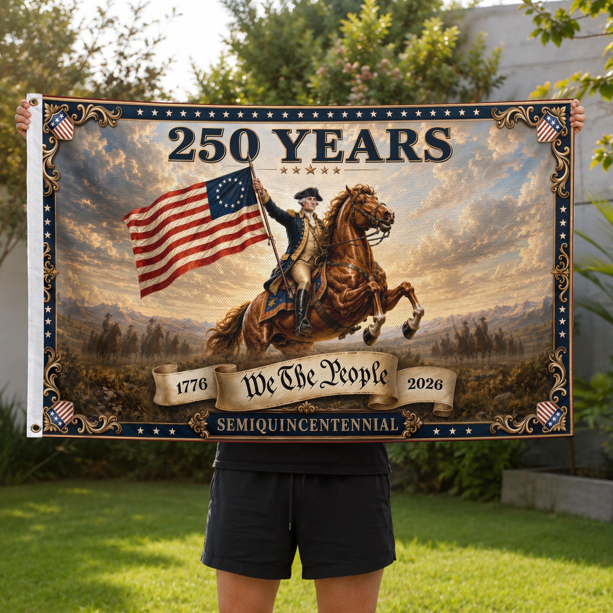 1776-2026 Anniversary Flag George Washington We The People 250 Years Patriotic Banner - Rust Field Wear