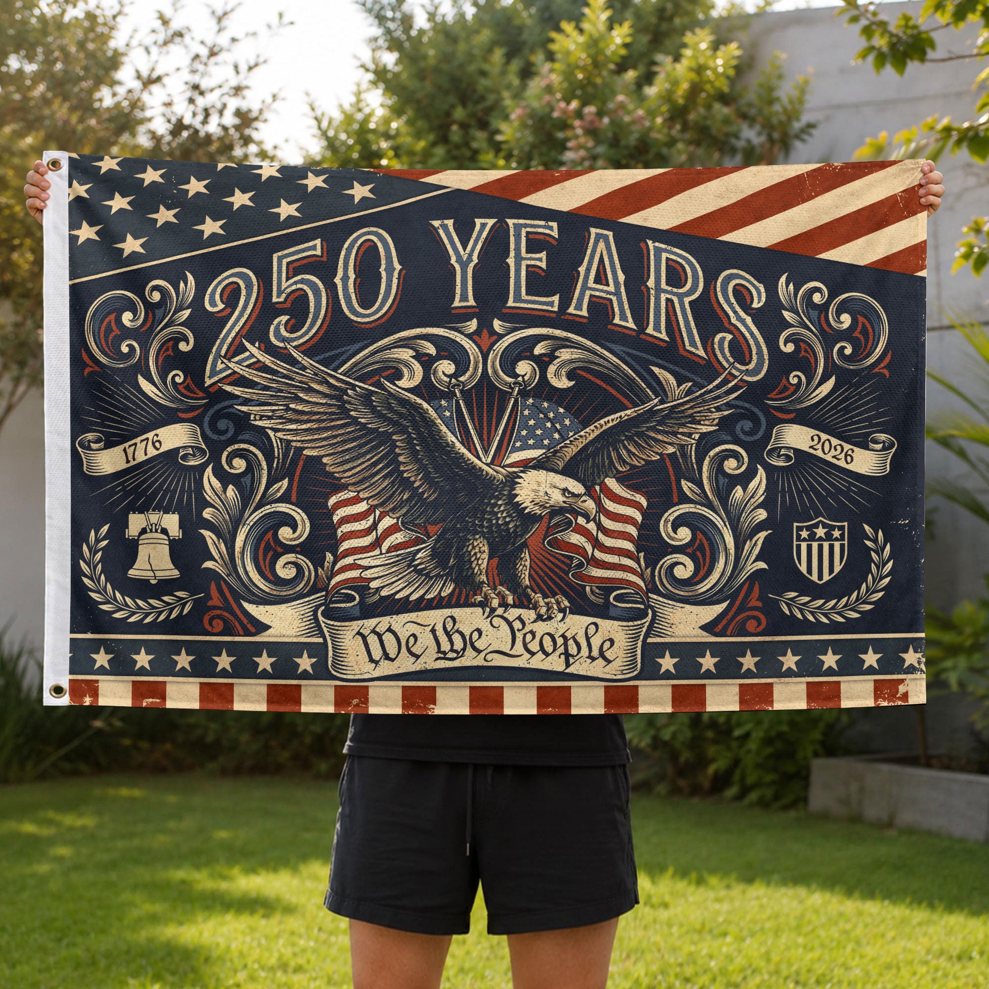 250 Years We The People Flag 1776-2026 Vintage American Eagle Liberty Bell Banner - Rust Field Wear