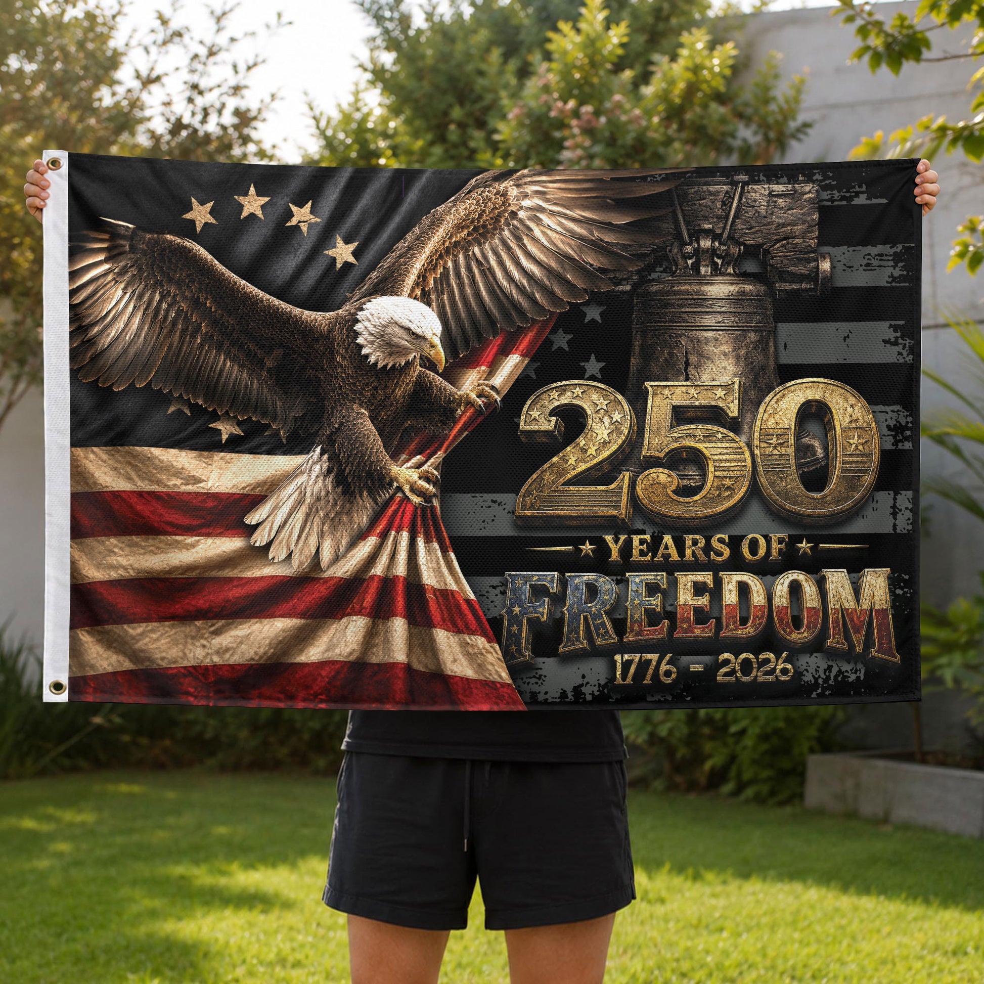 250 Years of Freedom Flag 1776-2026 Patriotic Bald Eagle Liberty Bell US Banner - Rust Field Wear