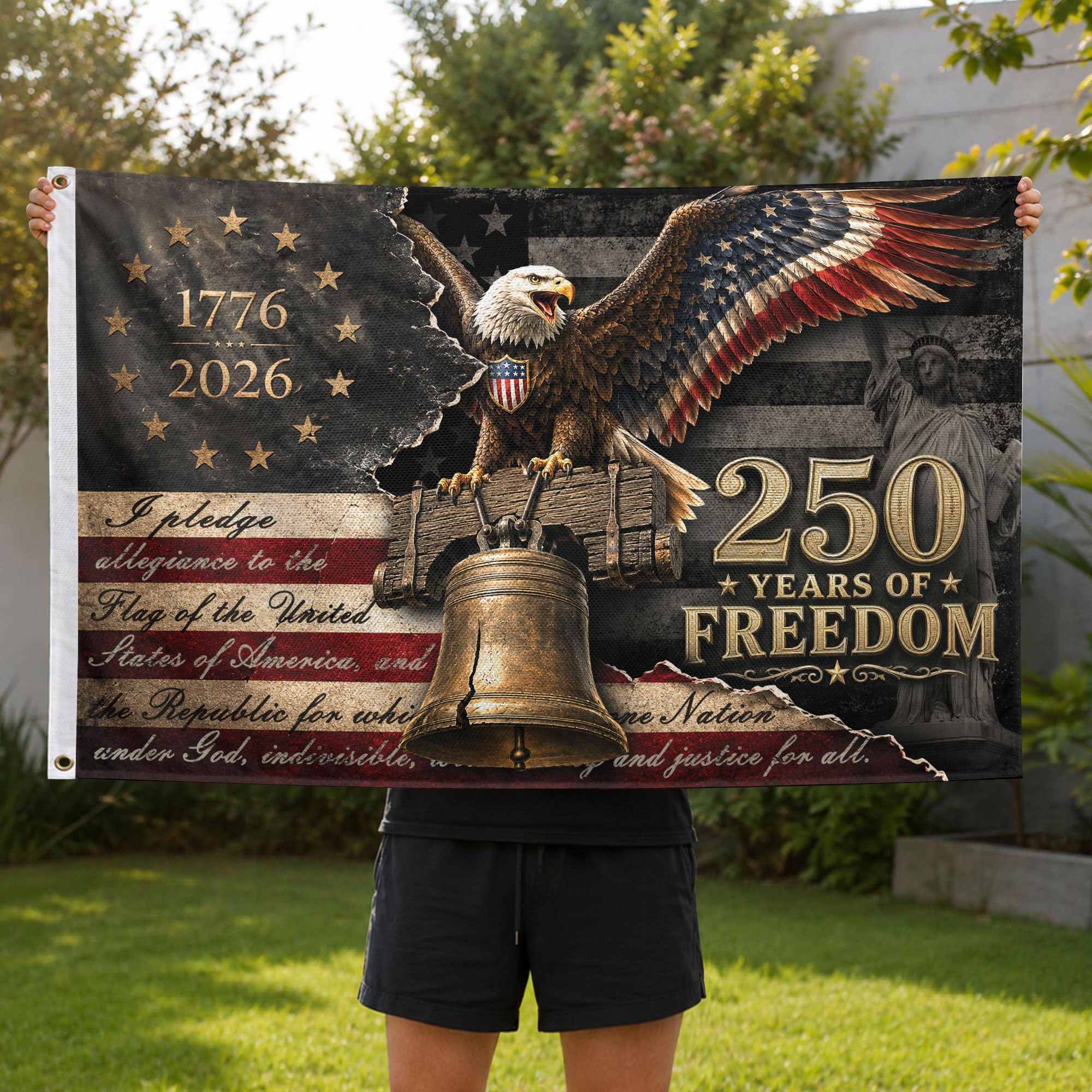 Commemorative 250 Years of Freedom Flag 1776-2026 Bald Eagle Liberty Bell Patriotic US Banner - Rust Field Wear